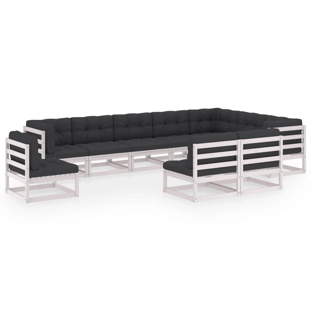 10-tlg. Garten-Lounge-Set mit Kissen Weiss Kiefer Massivholz